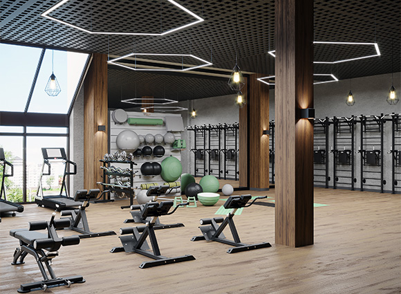 modern gym interior with workout equipment and exercise balls in a well-lit space featuring large windows and wooden accents fitness center 5 workout routines