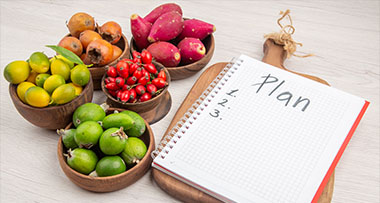 various fruits in wooden bowls alongside a notepad with a plan written on it focused on 2 key points